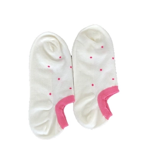 Polka dot low cut ankle socks for women with pink ribbed elastic cuffs and white cotton