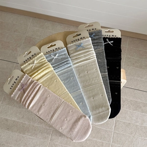 Detail view of heart-patterned lace socks with bow accents in six pastel colors