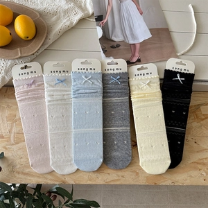 Women Cotton Crew Socks Heart Hollow Out Bow Knot Ruffle Trim Breathable Balletcore Sweet Style Elastic