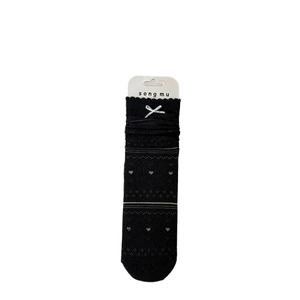 Black lace heart knit socks with white cross embroidery and scalloped edges