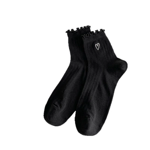 Black cotton mesh socks with white heart embroidery and ruffle trim edges for women
