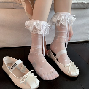 White Lolita lace trim socks with heart pattern and bow ballet flats style