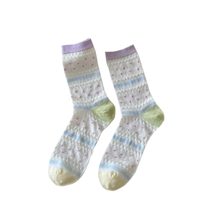 Summer cotton crew socks with colorful polka dots and breathable hollow knit patterns