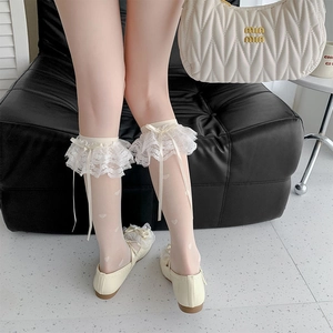 Detail of white lace trim socks featuring satin bows and heart jacquard pattern