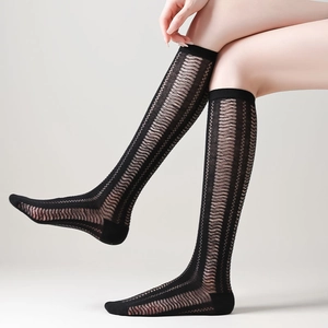 Detail of black knee-high socks featuring breathable mesh and wavy hollow-out patterns