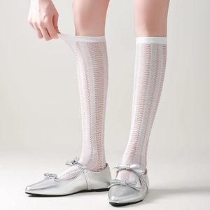 Detail of white hollow lace knee-high socks showing high elasticity and breathable mesh texture