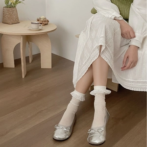 Detail of white lace ribbed socks with bow and silver ballet flats in a home setting