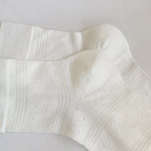 Detail of white mesh knit socks featuring breathable hollow polka dots and ribbed cuffs