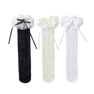 Lace bow mesh socks for girls in white, beige and black featuring cute heart patterns