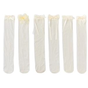 Japanese Lolita style sheer knee-high socks with six assorted ribbon bow designs