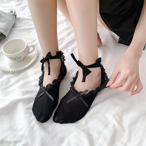 Ballet style black lace boat socks with sweet bow ties for women in summer breathable mesh