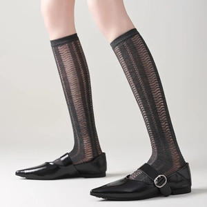 Detailed view of grey mesh knit knee-high socks featuring vertical hollow-out patterns