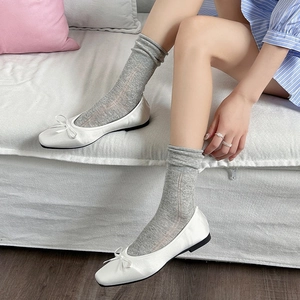 White satin ballet flats with bow and breathable mesh heart crew socks for women