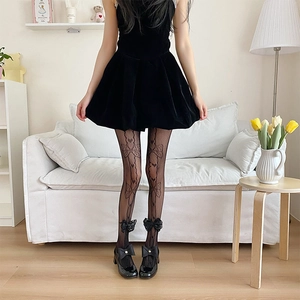 Black hollow out jacquard tights with heart bow patterns and 3D lace anklet bows