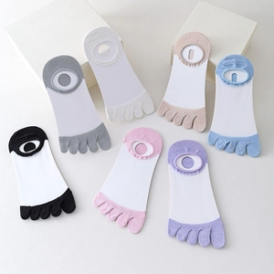Flat lay of five-finger boat socks in seven Morandi colors with breathable cut-out heels