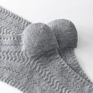 Close-up of gray knit calf socks showing vertical ribbing and pointelle hollow details