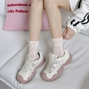 Women's platform chunky sneakers in beige and pink with mesh panels for casual style