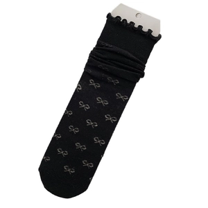 Breathable black mesh socks with bow patterns and ruffled cuffs on white background