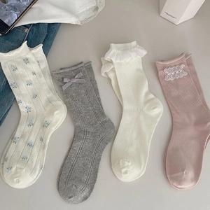 Women Crew Socks Cotton Breathable Lace Trim Bow Floral Japanese Sweet Style Lolita Balletcore Ribbed Soft