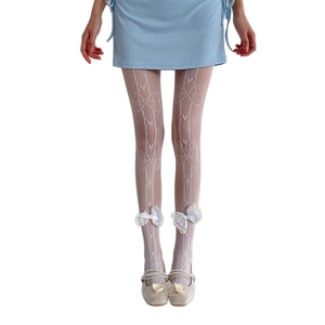 White lace patterned tights with heart mesh textures and 3D bows at ankles