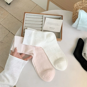 Detail of breathable hollow mesh socks with knit texture and elastic ribbed cuffs