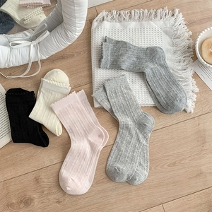 Détail de chaussettes mi-mollet en résille avec bordures festonnées et maille pointelle