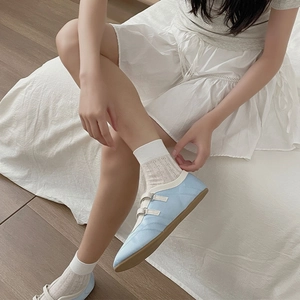 Close-up of blue Mary Jane flats with white lace patterned crew socks and double straps