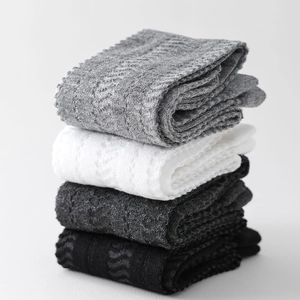 Detailed view of 4-pack hollow knit calf socks in grey, white, dark grey and black colors