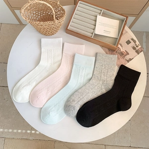 Women Mid Calf Socks Heart Hollow Out Breathable Cotton Blend Mesh Sweet Japanese Style Crew Socks For Girls