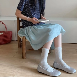 Vintage floral mesh lace socks in blue polka dot style with retro midi skirt and flats