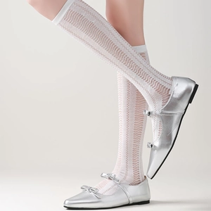 Detail of white hollow-out lace knee-high socks paired with silver Mary Jane shoes