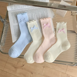 Women Crew Socks Cotton Blend Rib Knit Breathable Lettuce Edge Ruffle Plaid Bow Japanese Sweet Style JK Lolita