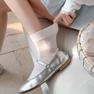 Close-up of white breathable polka dot mesh socks paired with silver Mary Jane shoes