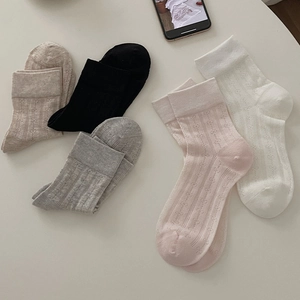 Women Cotton Mid-Calf Socks Hollow Out Floral Mesh Breathable Ballet Style Japanese Vintage Ribbed Knit