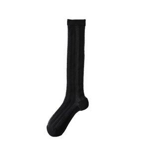 Japanese style black knit knee high socks with breathable ribbed mesh and ripple pattern