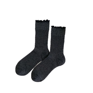 Dark gray glitter knit socks with ruffled trim, breathable minimalist crew socks for women