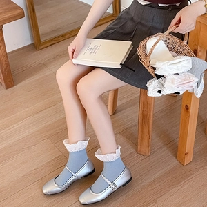 Sweet ballet style white lace trim ankle socks paired with silver Mary Jane shoes