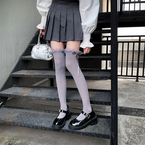 Japanese style gray over-knee high socks with delicate mesh lace and bow tie trim