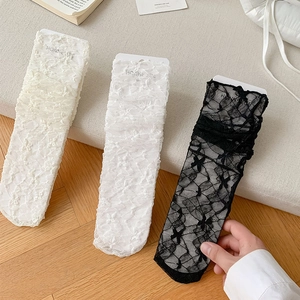 Detailed view of floral lace pattern on breathable crew socks in white and black