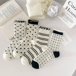 Women Crew Socks Cotton Blend Breathable Mesh Sweet Ruffle Wood Ear Edge Japanese JK Style Heart Polka Dot Striped Pattern