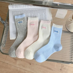 Women Cotton Crew Socks Ribbed Knit Breathable Thin Mid-Calf Socks With Embroidery Label Contrast Color Japanese Sweet Style