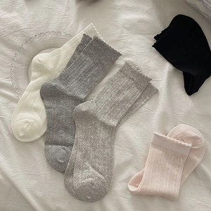 Detailed view of hollow knit patterns and ruffled cuffs on sweet mesh cotton socks