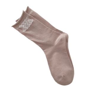 Pink ribbed mid-calf socks with white lace trim and ballet-style Japanese aesthetic
