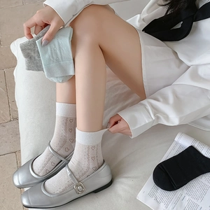 Sweet heart hollow mesh crew socks in various colors shown with Mary Jane shoes