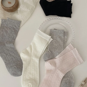 Detail of sweet lace trim and hollow mesh pattern on women's cotton crew socks