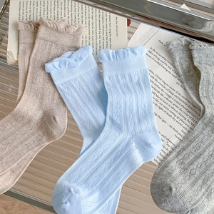 Detail of ruffle cuff and diamond mesh pattern on ballet style sweet knit socks