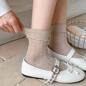 Detail of ruffle cuff mesh socks with hollow knit paired with white Mary Jane shoes