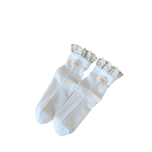 White ballet style lace socks with plaid ribbon and heart patch in a breathable mesh knit