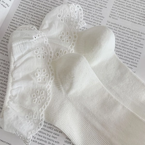 Close-up of white cotton socks with delicate lace embroidery and floral patterns