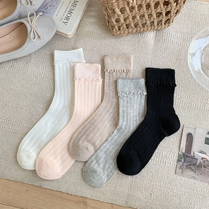 Women Crew Socks Cotton Blend Ruffle Edge Hollow Out Pointelle Breathable Thin Summer Sweet Korean Style Lolita Hosiery